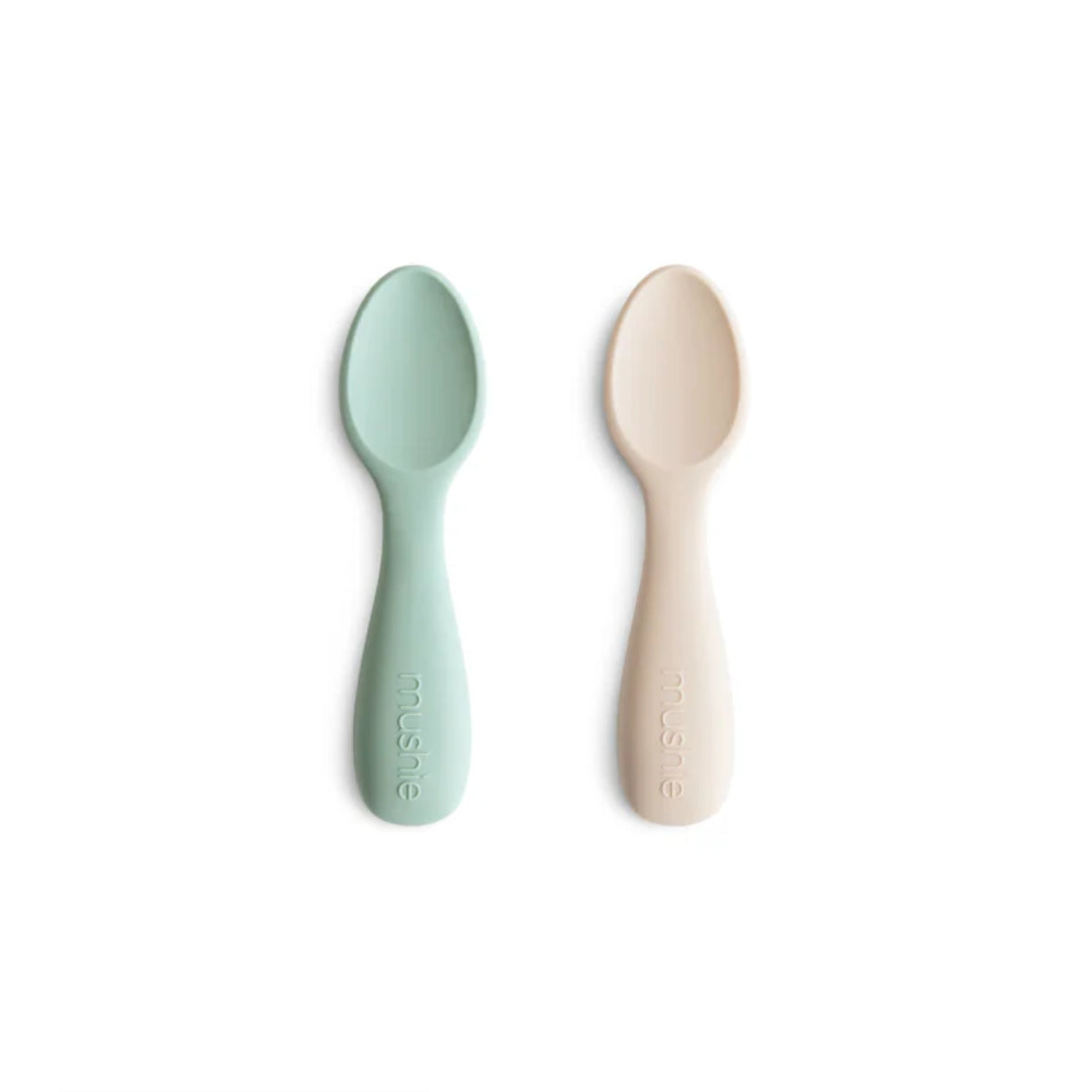 Mushie Silicone Toddler Starter Spoons 2-Pack Cambridge Blue/Shifting Sand on Luna Baby Store Miami