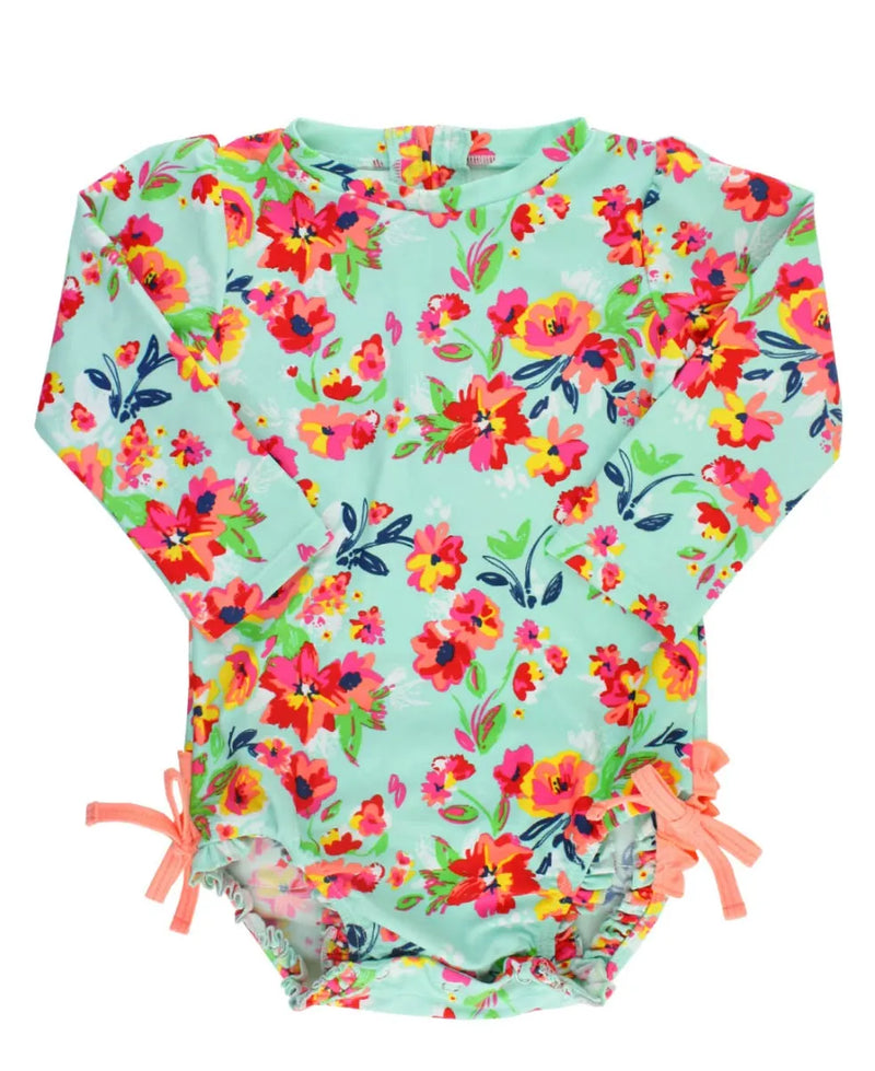 Ruffle Butts Long Sleeve One Piece Rash Guard - Painted Flowers - Luna Baby Store Miami