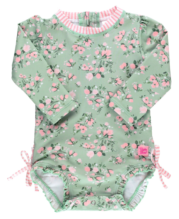 Ruffle Butts Long Sleeve One Piece Rash Guard - Tea Roses