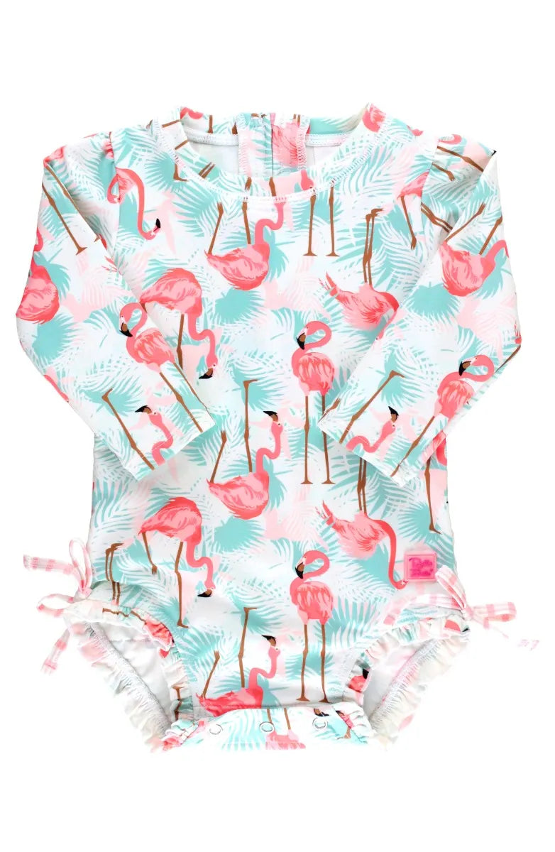 Ruffle Butts Long Sleeve One Piece Rash Guard - Vibrant Flamingo