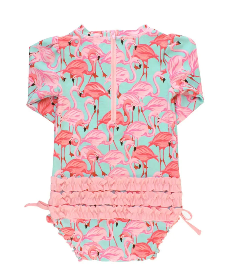 Ruffle Butts Long Sleeve One Piece Rash Guard - Flamingo