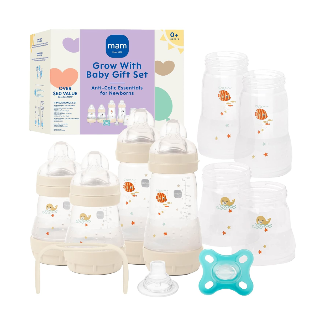 MAM Grow with Baby Anti-Colic+ Bottle & Pacifier Set 0M+ - 11 pcs on Luna Baby Store Miami