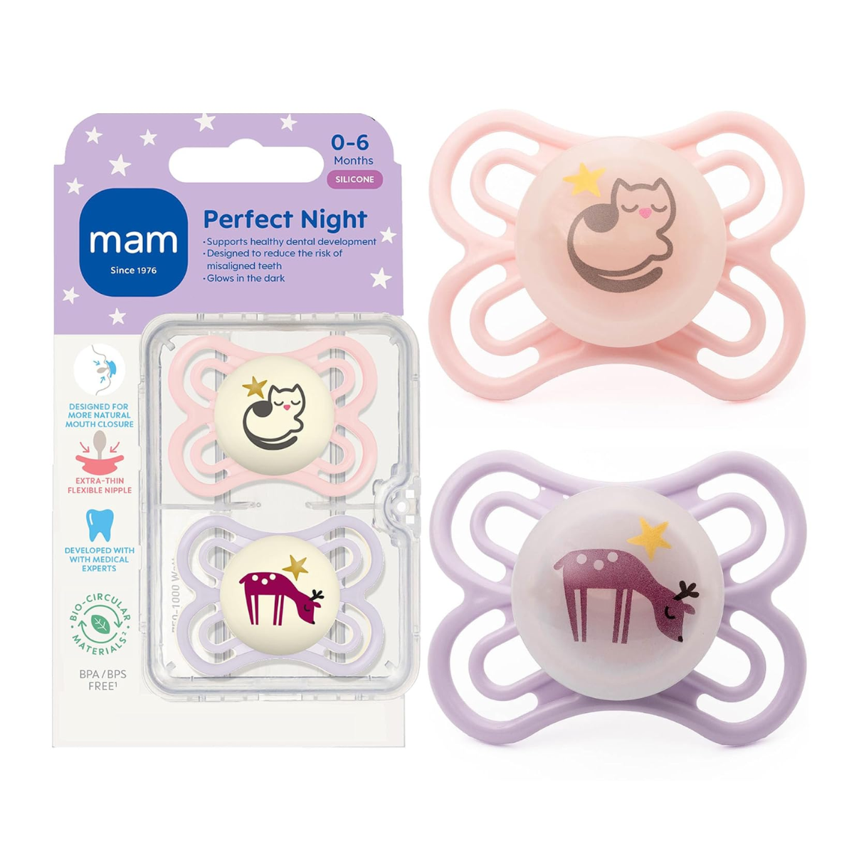 MAM Perfect Baby Premium Pacifier 0-6 , 2 Pk - Fairy Dust/Shell