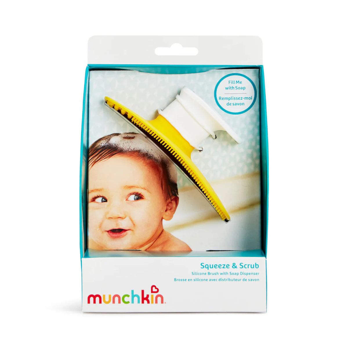 Munchkin Squeeze & Scrub Baby Bath Silicone Brush with Soap Dispenser on Luna Baby Store Miami