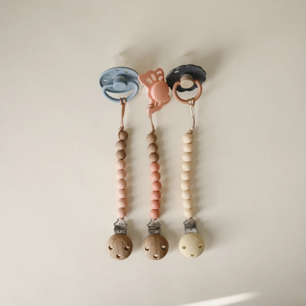 Mushie Silicone Pacifier Clip | Eva Powder on Luna Baby Store Miami