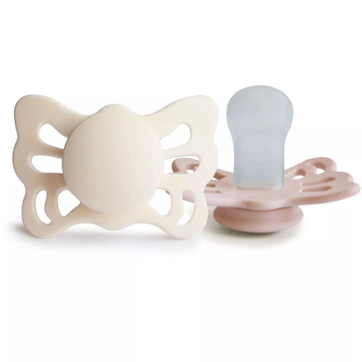 Mushie FRIGG Butterfly Anatomical Silicone Pacifier 2-Pack 6-18M Cream/Blush on Luna Baby Store Miami