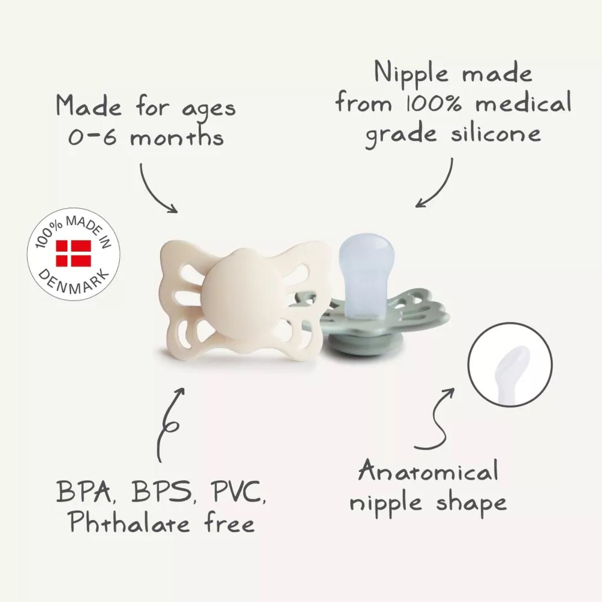 Mushie FRIGG Butterfly Anatomical Silicone Pacifier 2-Pack 6-18M Cream/Blush
