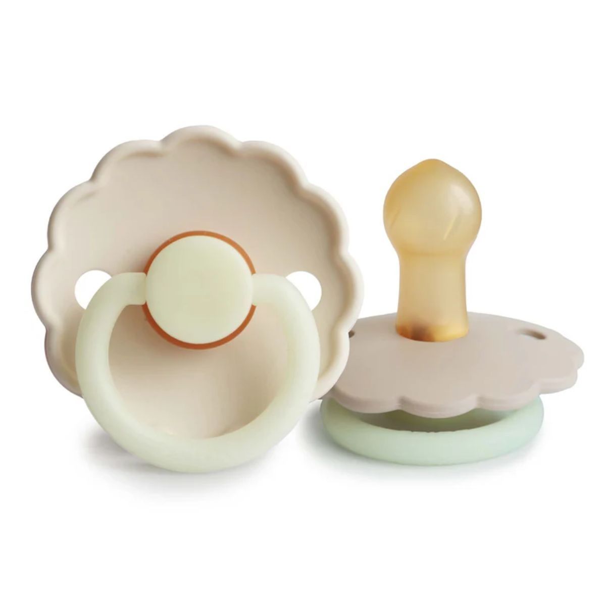 Mushie FRIGG Daisy Night Glow Natural Rubber Pacifier 2-Pack - Croissant/Cream - 6-18M on Luna Baby Store Miami