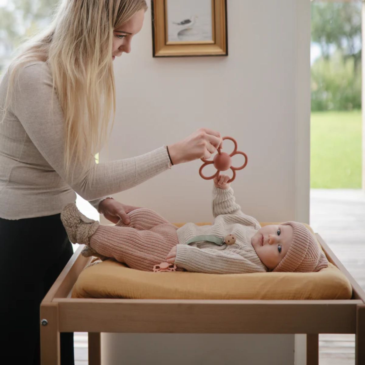 Mushie Silicone Daisy Rattle Teether - Dusty Rose