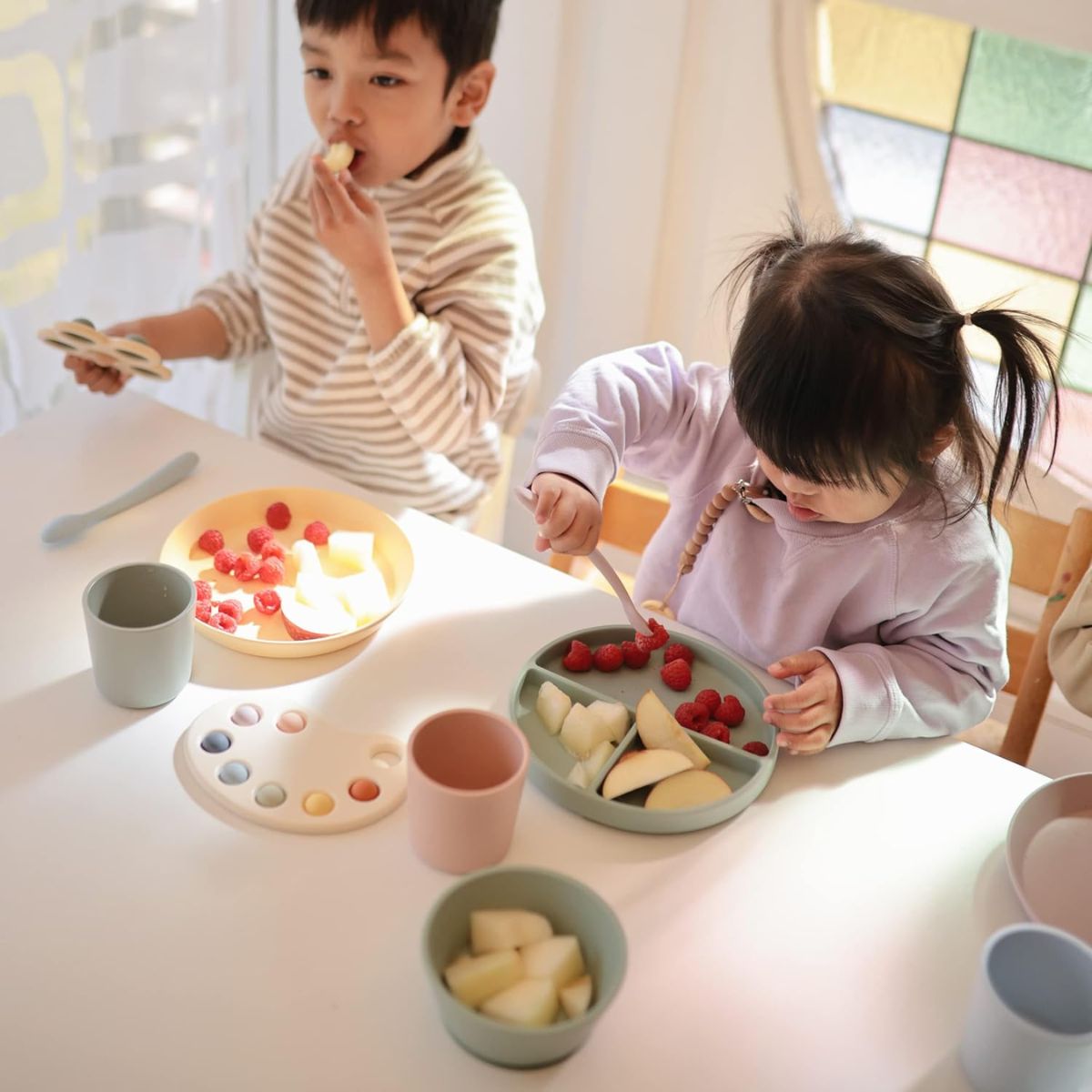 Mushie Silicone Feeding Spoons (Dried Thyme/Natural) 2-Pack - Perfect for Little Hands