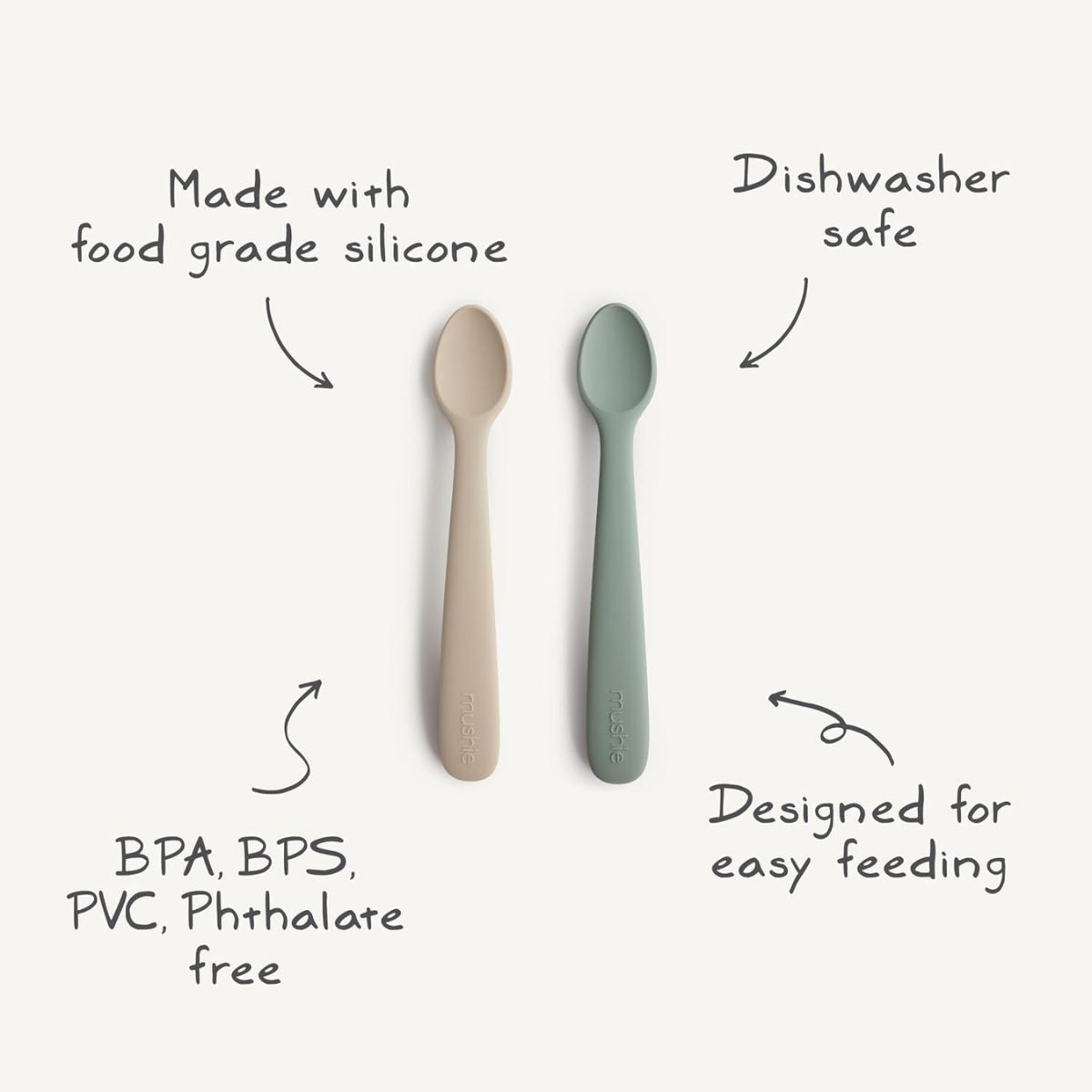 Mushie Silicone Feeding Spoons (Stone/Cloudy Mauve) 2-Pack - Safe for Everyday Feeding