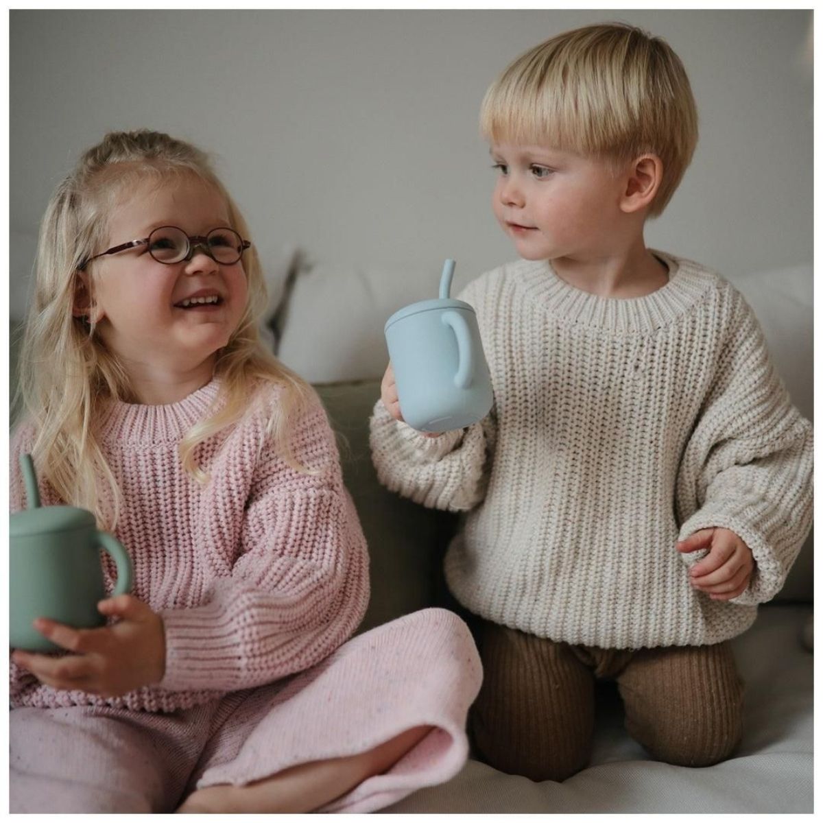 Mushie Silicone Training Cup + Straw - Cambridge Blue on Luna Baby Store Miami