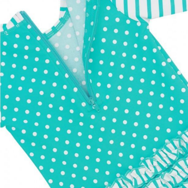 Ruffle Butts Long Sleeve One Piece Rash Guard - Aqua Polka Dot