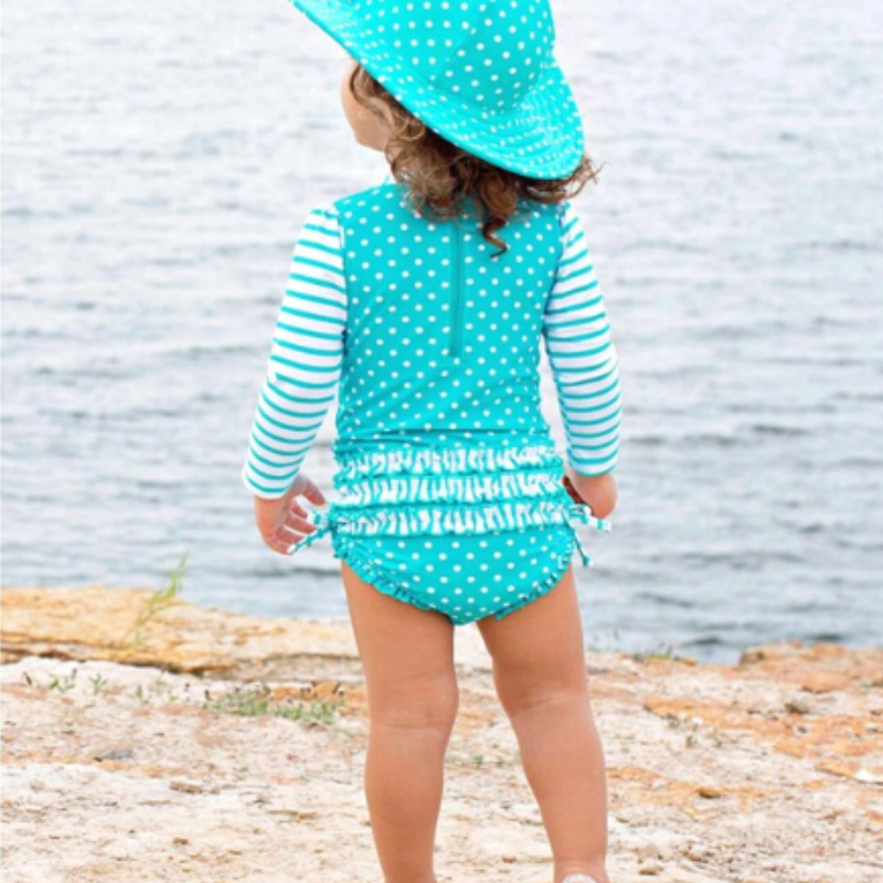 Ruffle Butts Long Sleeve One Piece Rash Guard - Aqua Polka Dot