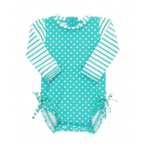 Ruffle Butts Long Sleeve One Piece Rash Guard - Aqua Polka Dot