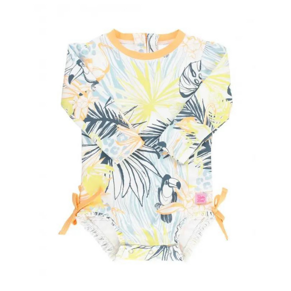 Ruffle Butts Long Sleeve One Piece Rash Guard - Birds Of Paradise