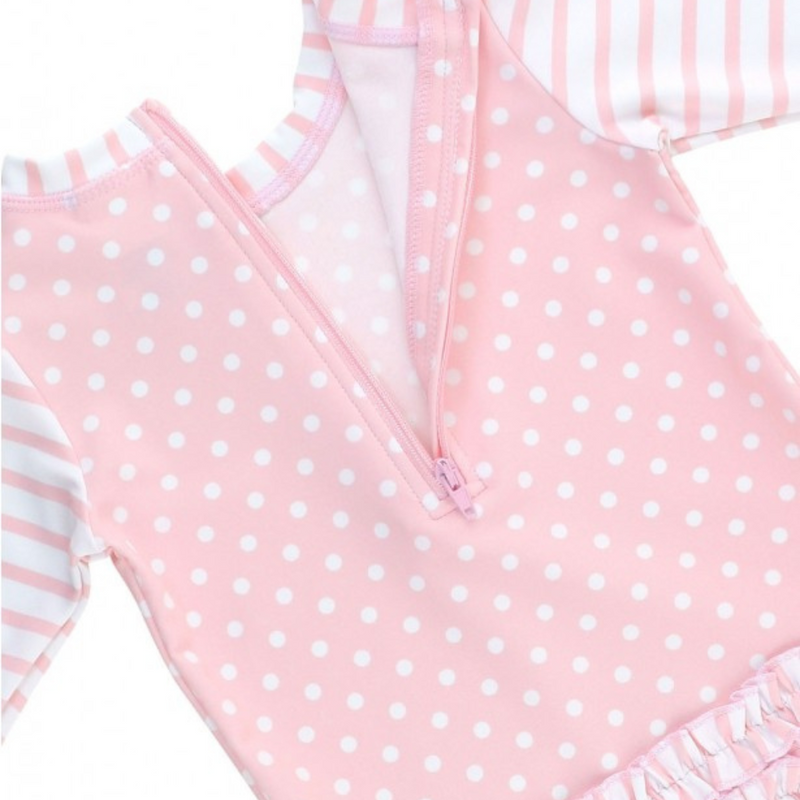 Ruffle Butts Long Sleeve One Piece Rash Guard - Pink Polka Dot