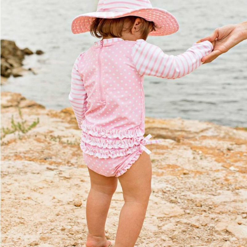 Ruffle Butts Long Sleeve One Piece Rash Guard - Pink Polka Dot