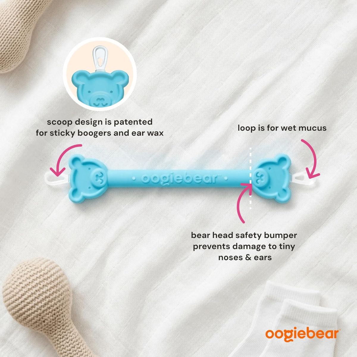 Oogiebear Infant Nose & Ear Cleaner Two Pack - Raspberry/Sea Foam with Case on Luna Baby Store Miami