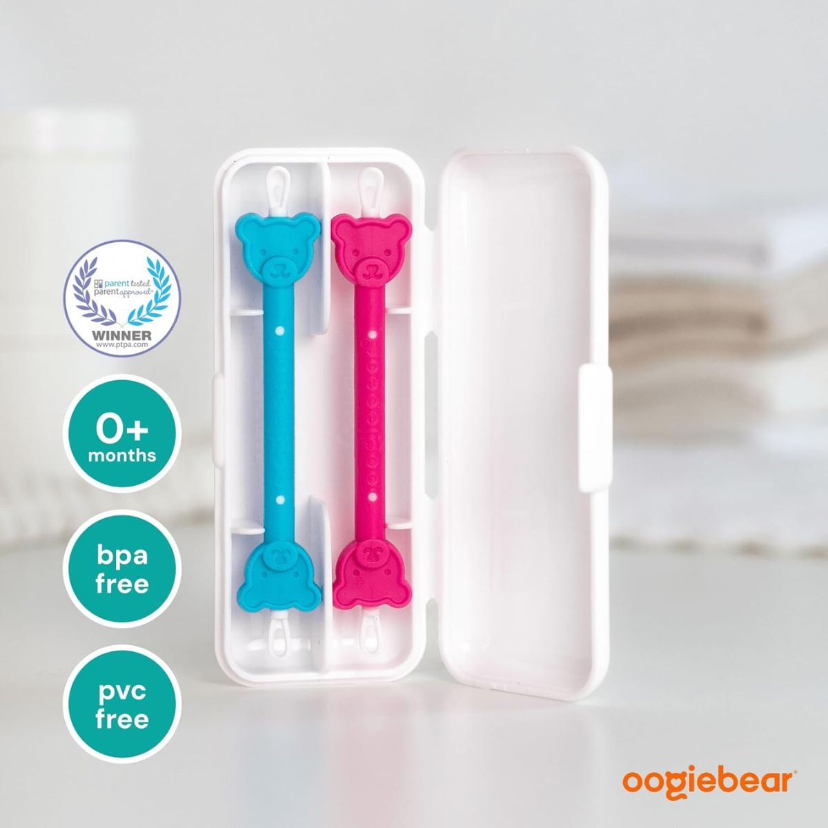 Oogiebear Infant Nose & Ear Cleaner Two Pack - Raspberry/Sea Foam with Case on Luna Baby Store Miami