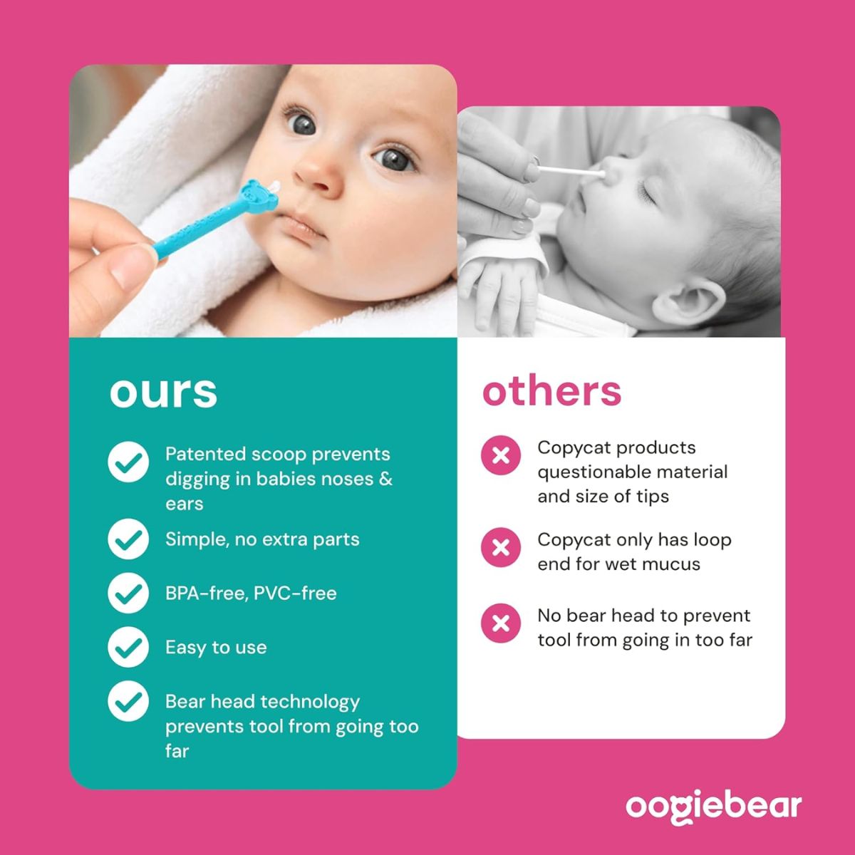 Oogiebear Infant Nose & Ear Cleaner Two Pack - Raspberry/Sea Foam with Case