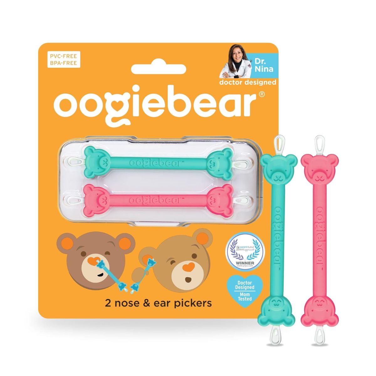 Oogiebear Infant Nose & Ear Cleaner Two Pack - Raspberry/Sea Foam with Case