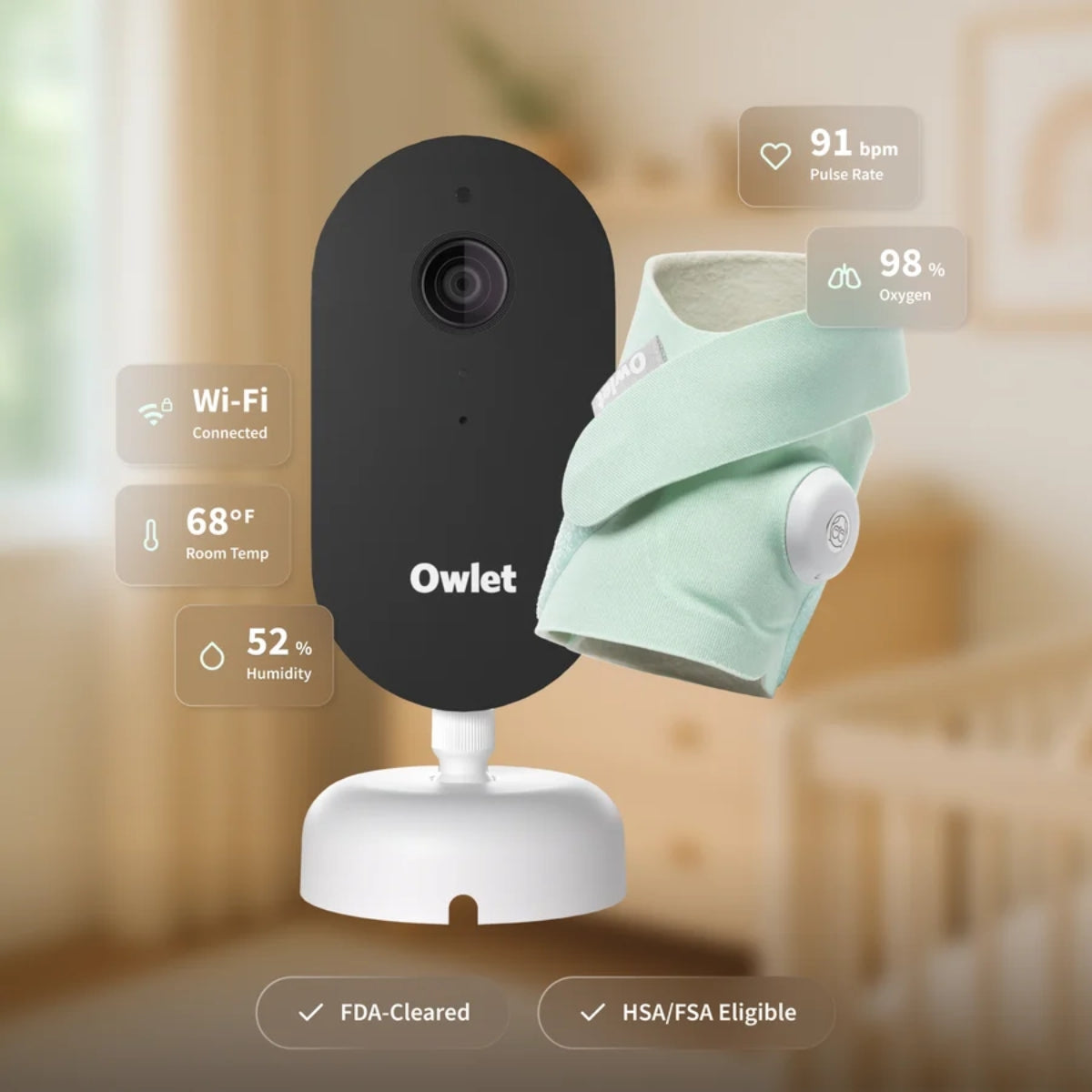 Owlet Dream Duo 3 Smart Baby Monitor System, Dream Sock + 2K HD Camera Mint