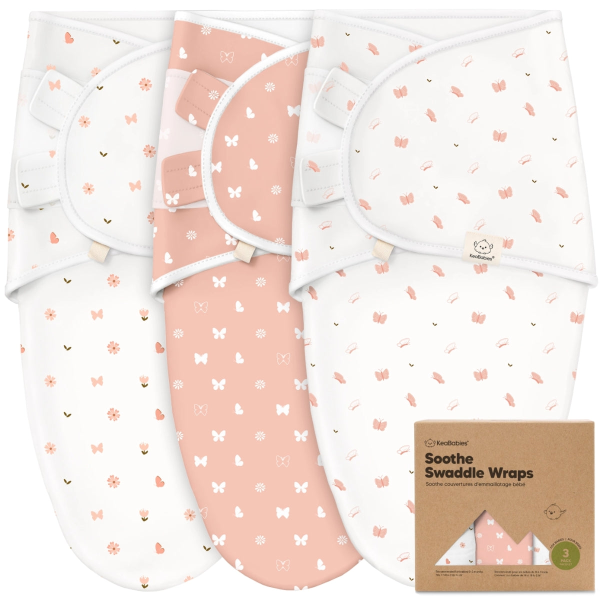 KeaBabies 3pk Soothe Baby Swaddles 0-3 Months, Sleep Sack for Newborns Butterflies