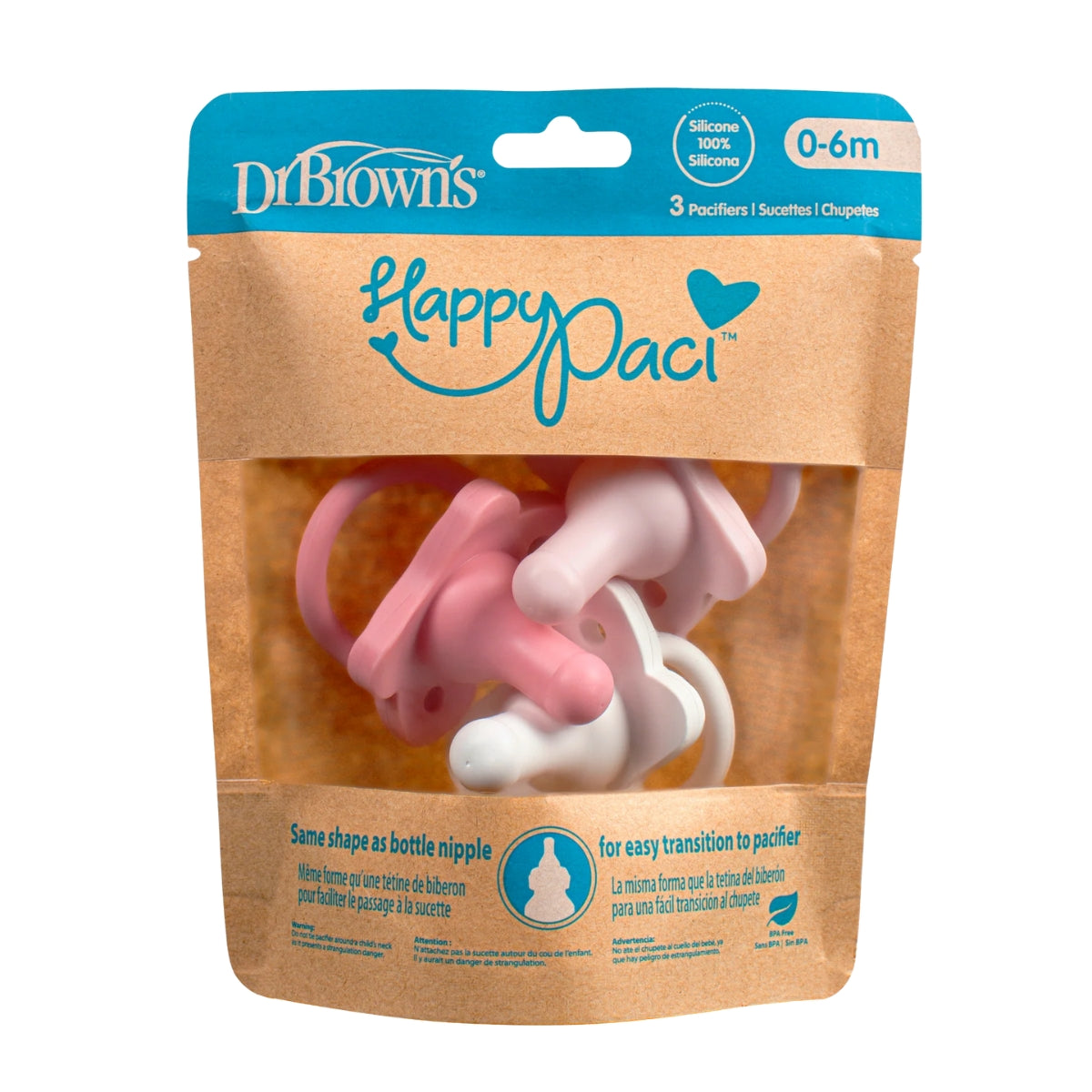 Dr. Brown's HappyPaci One-Piece 100% Silicone Pacifier- 0-6 Months - 3pk Light Pink/Pink/White