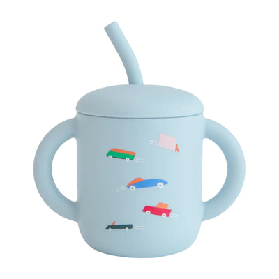 Silicone Training Cup + Straw - Retro Cars