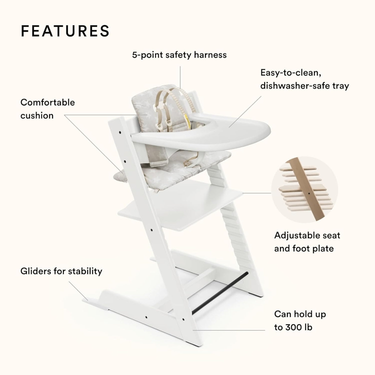 Stokke Tripp Trapp High Chair  - White W Silver Star Cushion & Tray