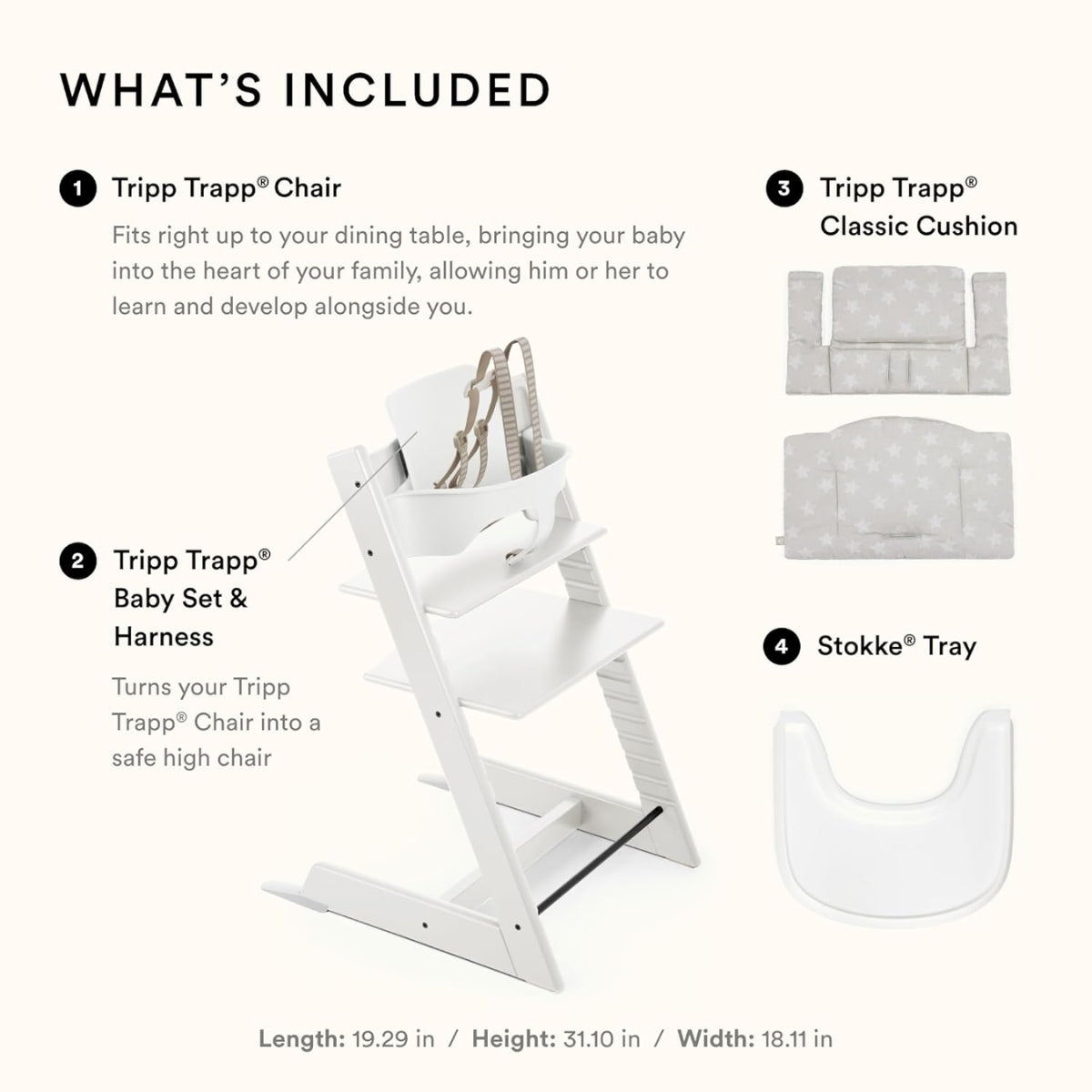 Stokke Tripp Trapp High Chair  - White W Silver Star Cushion & Tray