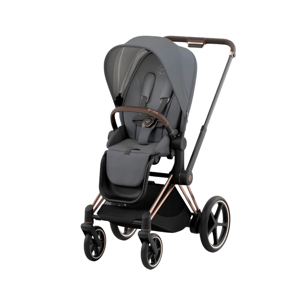 Cybex E-Priam 2 Stroller - Rose Gold/Brown Frame and Soho Grey Seat Pack