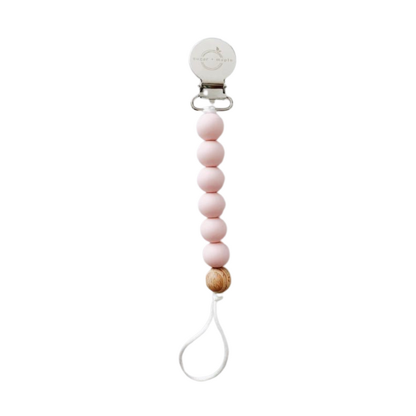 Sugar + Maple Pacifier + Teether Clip- Silicone with 1 Beechwood Bead Blush