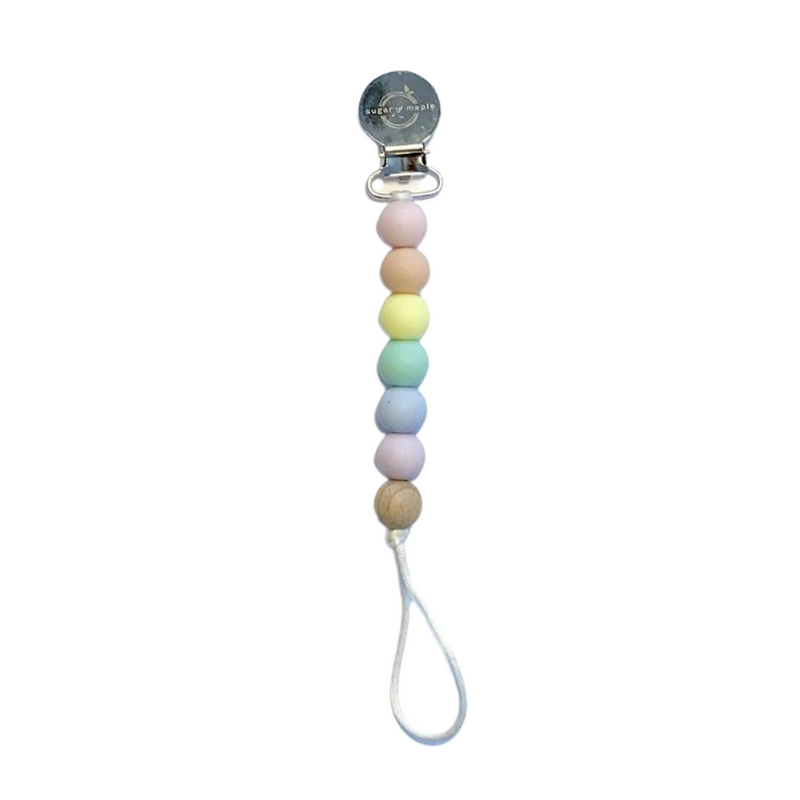 Sugar + Maple Pacifier + Teether Clip- Silicone with 1 Beechwood Bead Rainbow Pastel - Luna Baby Store Miami