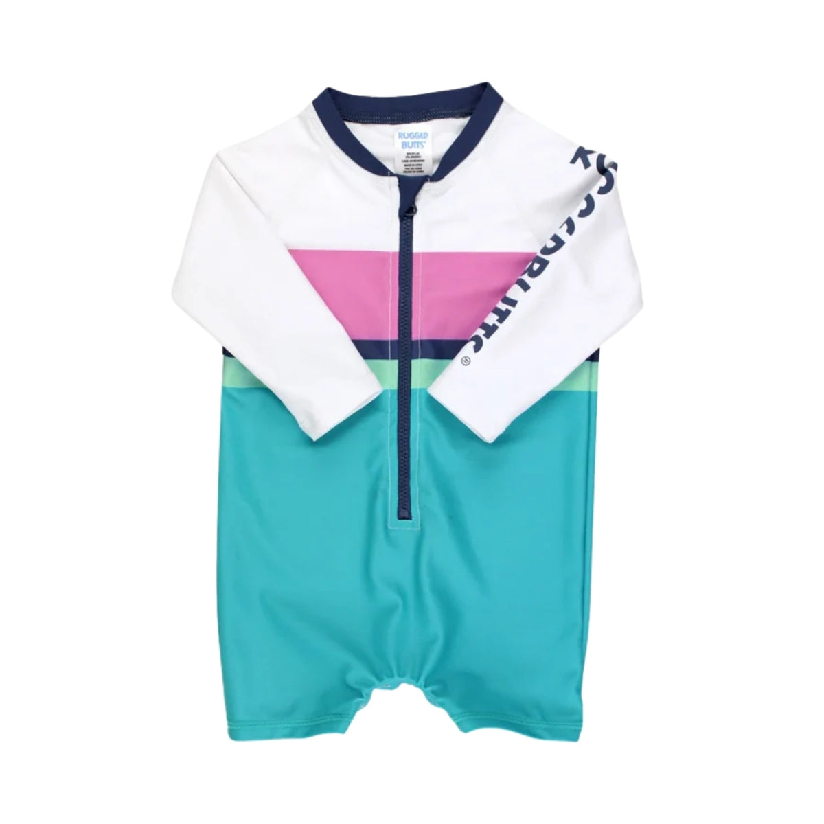 Rugged Butts Boys’ Logo Long Sleeve One Piece Rash Guard - Aqua Color Block - 2T on Luna Baby Store Miami