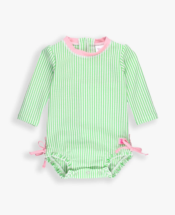 Ruffle Butts Long Sleeve One Piece Rash Guard - Spring Green Seersucker