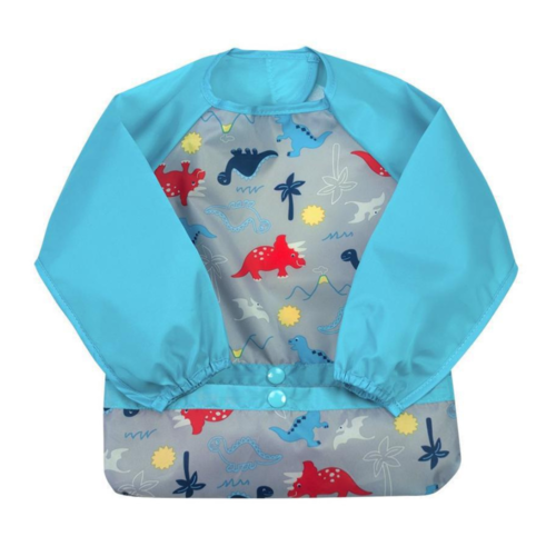 Green Sprouts Snap & Go Easy Wear Long Sleeve Bib Aqua Dinosaurs - Luna Baby Store Miami