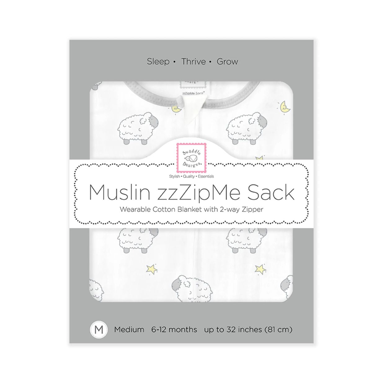 Swaddle Designs Muslin Baby Sleep Sack zzZipMe Little Lambs Sterling - 6-12M on Luna Baby Store Miami