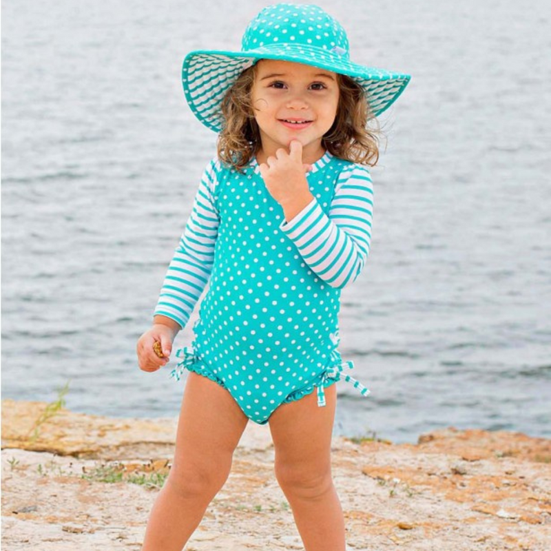 Ruffle Butts Swim Hat Aqua Polka Reversible