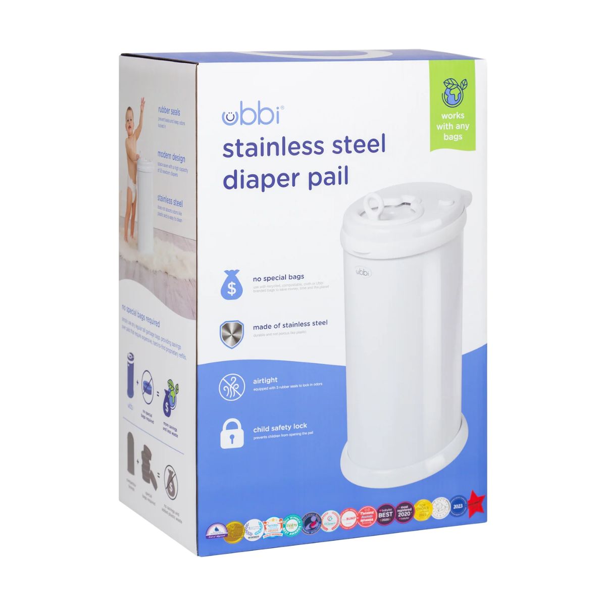 Ubbi Steel Diaper Pail Odor Control System - White on Luna Baby Store Miami