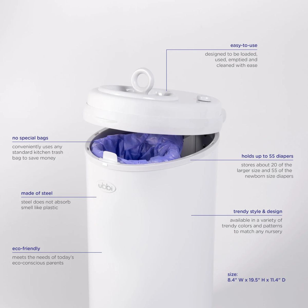 Ubbi Steel Diaper Pail Odor Control System - White