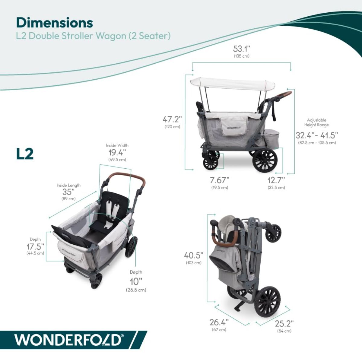 WonderFold L2 Double (2 Seater) Stroller Wagon - Gray