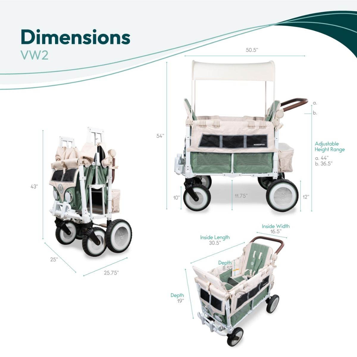 WonderFold VW2 Volkswagon Double (2 Seater) Stroller Wagon - Sage Green