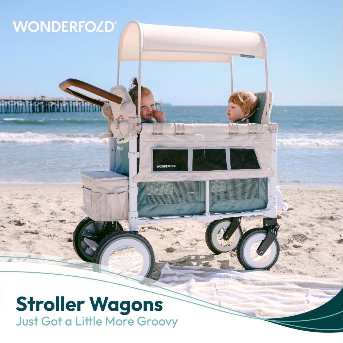 WonderFold VW2 Volkswagon Double (2 Seater) Stroller Wagon - Sage Green
