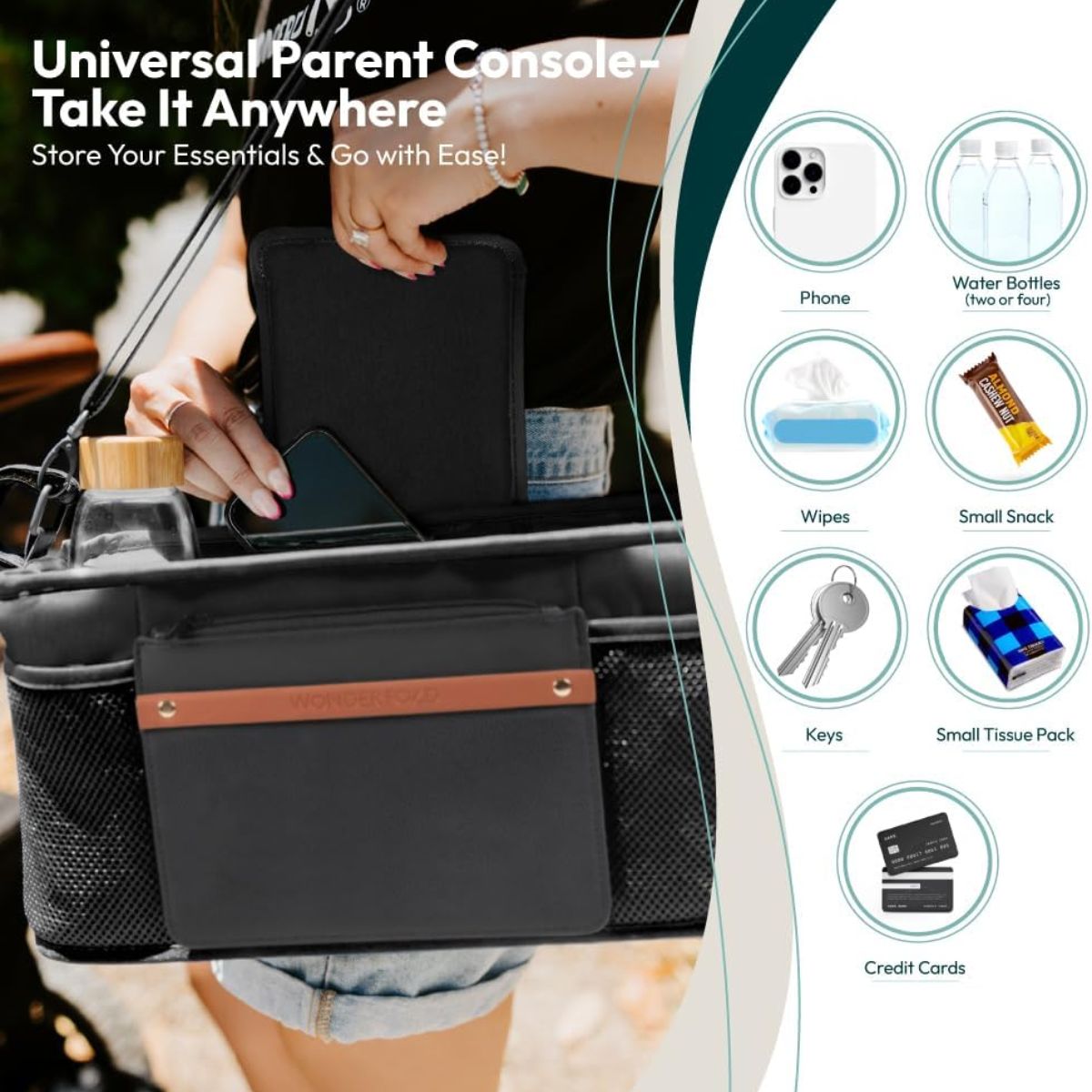 Wonderfold Small Parent Console with Insulated Cup Holders - Gray