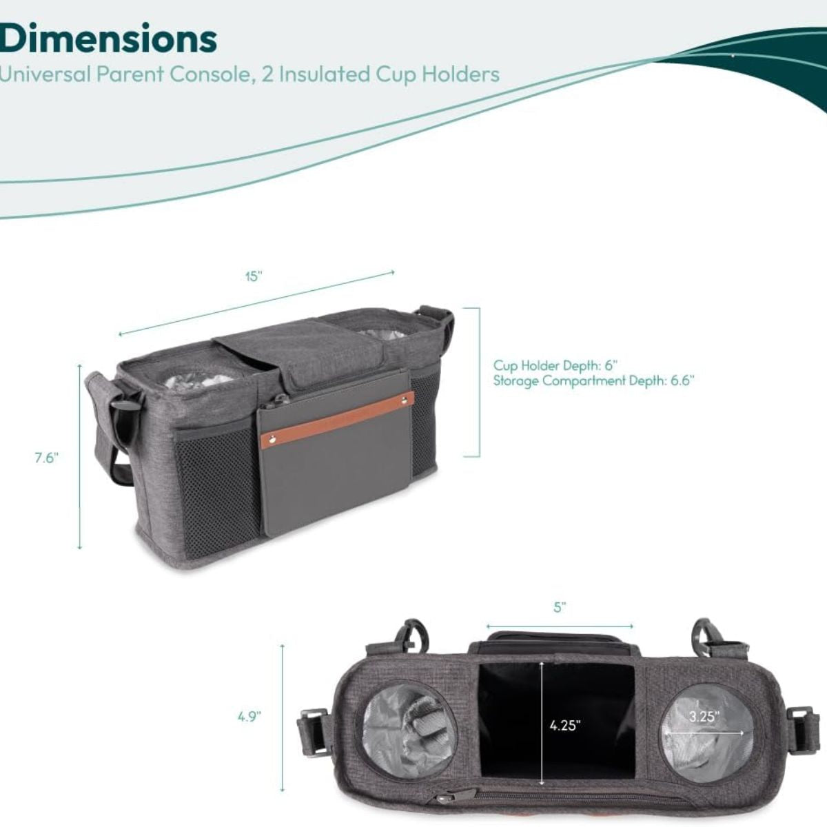 Wonderfold Small Parent Console with Insulated Cup Holders - Gray