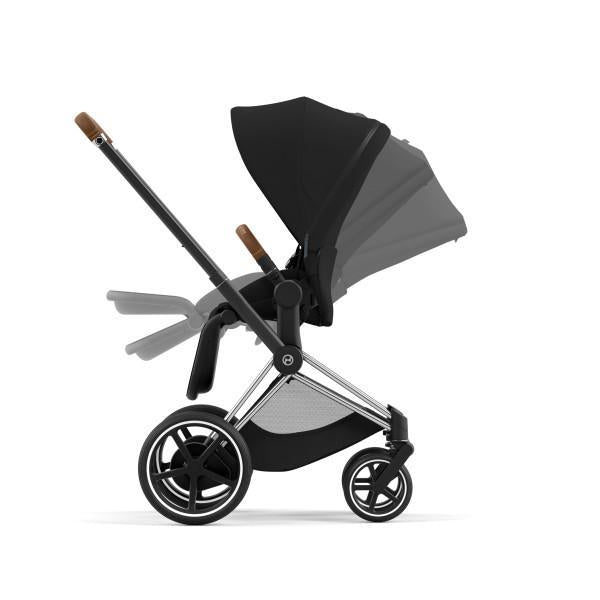Cybex E-Priam 2 Stroller - Chrome/Brown Frame and Deep Black Seat Pack - Premium Comfort and Versatility
