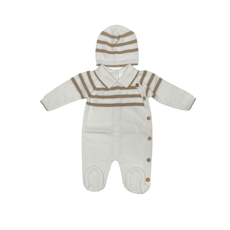 Luna Baby Knitted Footed Set With Stripes And Wooden Buttons - Beige