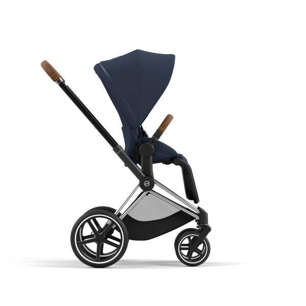 Cybex Priam 4 Stroller - Chrome/Brown Frame and Nautical Blue Seat Pack - Smooth Ride on Any Terrain